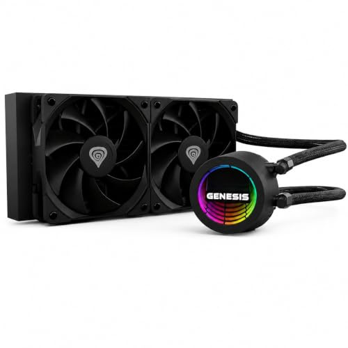 Genesis Hydria 240 AIO Wasserkühlung 240mm, 250W TDP, AM5, Schwarz | 240-mm-AIO-CPU-Kühler mit 2x 120-mm-PWM-FDB-Lüftern, 80 CFM, 250 W TDP, ARGB-Pumpe, für Intel LGA 1851/1700 und AMD AM5/AM4