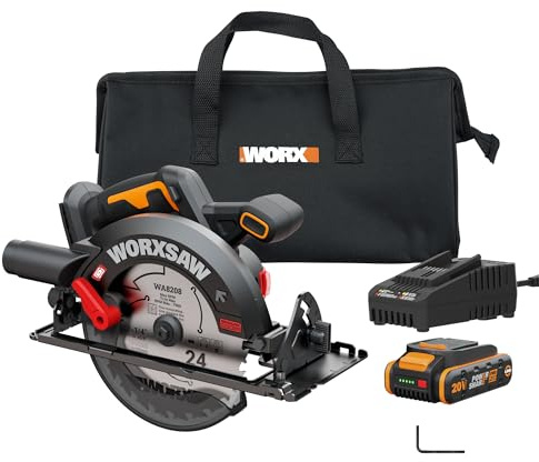 Worx Cordless Circular Saw, 20 V brushless Circular Saw, 7-1/4 inch, Powerful and Faster Cut with up to 6,100 RPM, Ultra-Light Design, 20 V 4.0 Ah Battery and Charger