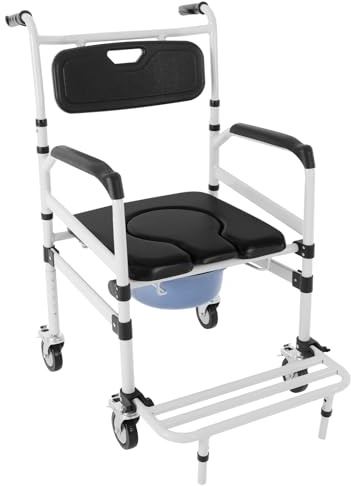 Chaise de toilette pour personnes âgées, fauteuil roulant de douche, chaise de nuit avec 4 roulettes verrouillables, siège de toilette portable avec seau amovible, hauteur réglable