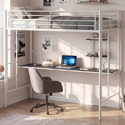 COSTWAY Metal Bunk Bed with Desk and Shelves, 2 Ladders Loft Bed Frame with Safety Guardrail, Space-Saving Bedroom Dorm Single High Sleeper Beds for Kids Teens Adults, No Box Spring Needed (White)