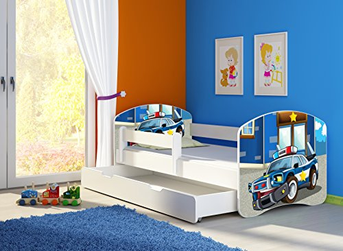 CLAMARO 'Fantasia Weiß' 180 x 80 Kinderbett Set inkl. Matratze, Lattenrost und mit Bettkasten Schublade, mit verstellbarem Rausfallschutz und Kantenschutzleisten, Design: 38 Polizeiwagen