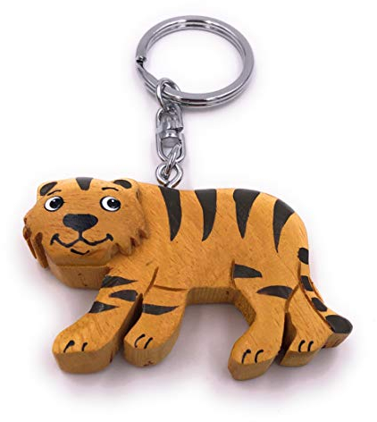 H-Customs Tiger Kopf Fauchend bemalt Holz Edel Handmade Schlüsselanhänger Anhänger