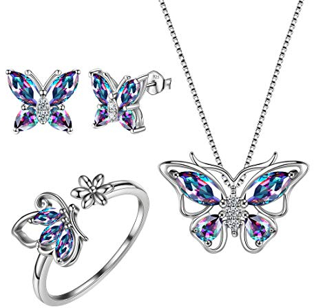 Aurora Tears 925 Sterling Silber Schmetterling Halskette Ohrringe Ringe Mystic Rainbow Topaz Anhänger Ohrstecker Schmuck Set für Frauen DS0039M