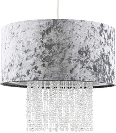MiniSun | Modern Silver Grey Velvet Ceiling Pendant Light Shades with Clear Acrylic Droplets | Pendant Lights, Home Décor & Improvement Essential | Includes Bulb [3000K Warm White] | 33cm Shade Width