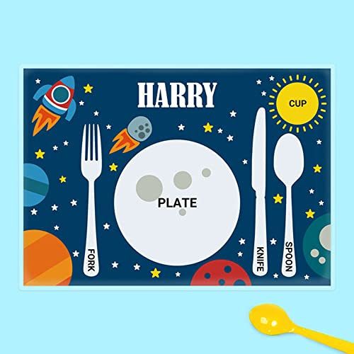 Dotty about Paper Personalised Kids Placemat - Rocket. Dinner Table Mat, Children, Wipeable, Cute, Bright, Pastel, Colourful, Children, Dinnertime, Fun Design, Durable.