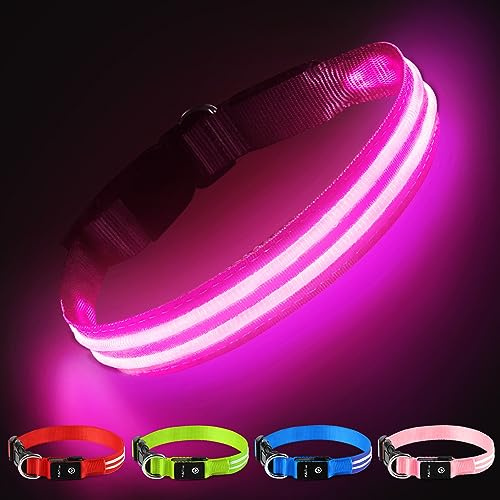 PcEoTllar Rechargeable LED Dog Collar, Waterproof, Pink S | Safety Light for Night, has 7 flash modes. Perfect for night walks, running, camping. USB rechargeable, 8-10hrs.