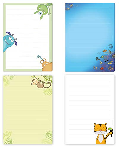 4 x Briefpapier Block TIGER, FISCHE, AFFE & MONSTER - jeweils DIN A5 liniert mit 50 Blatt einseitig bedruckt/Briefpapier für Kinder/Briefblock Kinder