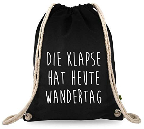Turnbeutelliebe® Turnbeutel mit Spruch - lustige Motive & Sprüche - Bedruckt - Baumwolle schwarz - Sportbeutel - Rucksack - ca. 12 Liter - 37 x 46 cm (Die Klapse hat Heute Wandertag)