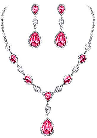 Clearine Wedding Bridal Cubic Zirconia Teardrop Y Necklace and Earrings Jewellery Set for Women Pink Silver-Tone
