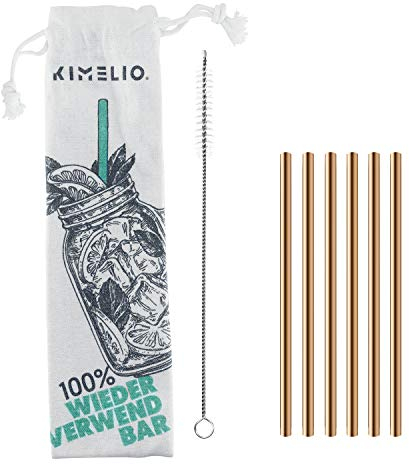 KIMELIO 304 Strohhalme Edelstahl [6 Dünne Trinkhalme Wiederverwendbar + Reinigungsbürste & Baumwollbag] Edelstahl Trinkhalme, Metall Strohhalm, Umweltfreundlich, BPA frei, Rosé Gold