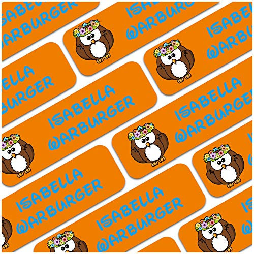80 x Namensaufkleber Wunschname personalisiert je 3,5x1cm Aufkleber mit Kinder Name Beschriftung Schule Kindergarten Kleidung Sticker (Nr. 24 Eule, Für feste Oberflächen)