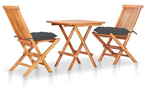3-TLG. Zusammenklappbar Bistro-Set mit Anthrazit Kissen,1 Tisch und 2 Stühle, Massivholz Teak,Klappstuhl und Klapptisch Eine Vielzahl von Sitzkissenfarben sind verfügbar