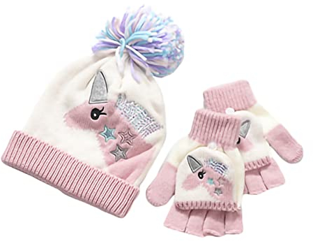 SWECOMZE Mädchen Strickmütze und Handschuhe Set Einhorn Beanie Mütze mit Bommel Thermo Fleece Kleinkind Wintermütze Dehnbare magische Handschuhe für Kinder 3-8 Jahre (Einhorn)