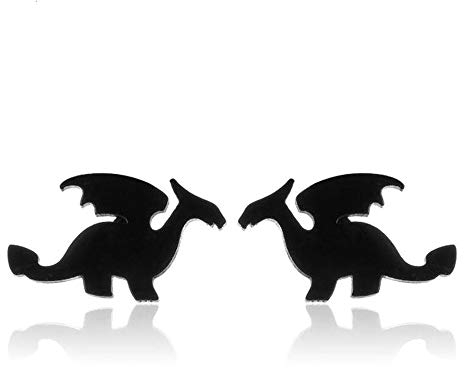 BlackAmazement 2er Set 316L Edelstahl Ohrstecker Drache Fabelwesen Ungeheuer Silber Schwarz Gold Damen Herren (Schwarz)