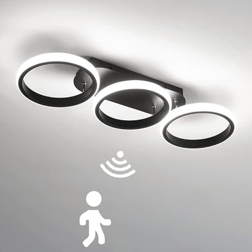 LED Deckenlampe mit Bewegungsmelder 30W Innen Flur Deckenleuchte mit Sensor Moderne Ring Deckenbeleuchtung für Treppe Wohnzimmer Balkon Küche Garage Veranda BüRo Sensorlampe, Schwarz (6000K)