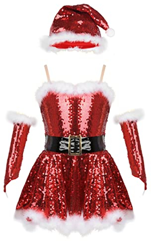 Aiihoo Mädchen Pailletten Weihnachtskleider Festlich Kleider mit Weihnachtsmütze Armstulpen Set Glänzend Ballettkleid Tanzkleid Partykleid Weihnachtsoutfits Dancewear Rot 146-152
