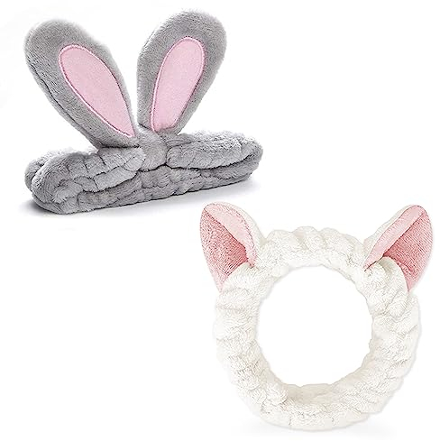 2 Stück Haarband Kosmetik Hasenohren Katzenohren, FUKPO Make Up Stirnbänder Dusche Haarband Waschen Gesicht Kosmetisches Stirnband, Elastische Korallen Fleece Haarbänder Damen Yoga Sport Spa Beauty