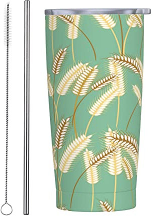 BOHHO 20 Oz Insulated Tumblers Travel Mug with Lid and Straw Wheat with Green Background Tumbler for Car Reusable Travel Coffee Mug