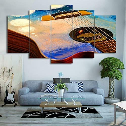 Kunstdrucke Gemälde 5 Teilig Leinwand Drucke,Wand Für Zuhause Malerei Wohnzimmer Wohnung Deko Modulare Bilder Abstrakte Gitarre Des Blauen Himmels Hd Gedruckt Poster Xl/150 X 100 Cm Schlafzimmerbüroh