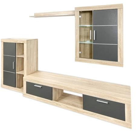 mattfy - Mueble de Salón Moderno con Leds, Módulos de Comedor, Modelo Gitta, Acabado en Cambria y Grafito, Medidas: 259 cm (Ancho) x 132,5 cm (Alto) 40 cm (Fondo)