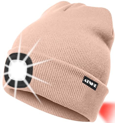 ATNKE 8LED beleuchtete Strickmütze, wiederaufladbare USB-Scheinwerferkappe mit extrem Heller, wasserdichter Lampe und Blinkender Alarm Rotes Rücklicht Multi-Color/Skin Pink