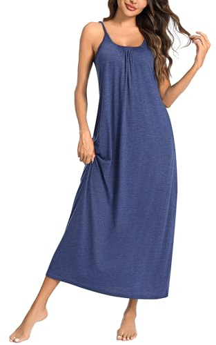 Uniexcosm Long Nightdress with Pockets Sleeveless Cotton Nighties for Women Baggy Ladies Nightshirts Full Slip Spaghetti Strap Sexy Negligees Loose Fit Nightgown Nightwear S-XXL Navy Blue