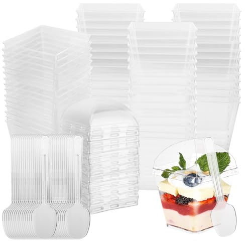 APACALI 100 vasos de postre con tapa, 120 ml, vasos de postre de plástico con 100 cucharas de sopa, vasos de postre con tapa, cuencos de postre con tapa para bricolaje, postres, pudin, mousse helado