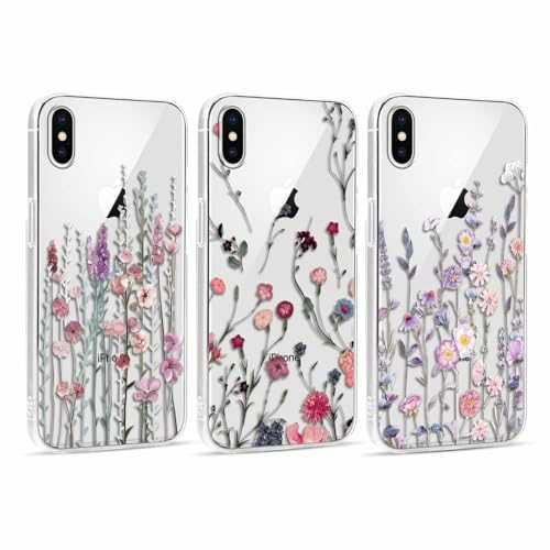 Foonary 3 Stück Hülle für Apple iPhone X 5,8, Handyhülle mit Muster Mädchen Aesthetic Blumen Muster Motiv Design Case, Silikon Schutzhülle Cover für iPhone X/XS,Blumen01