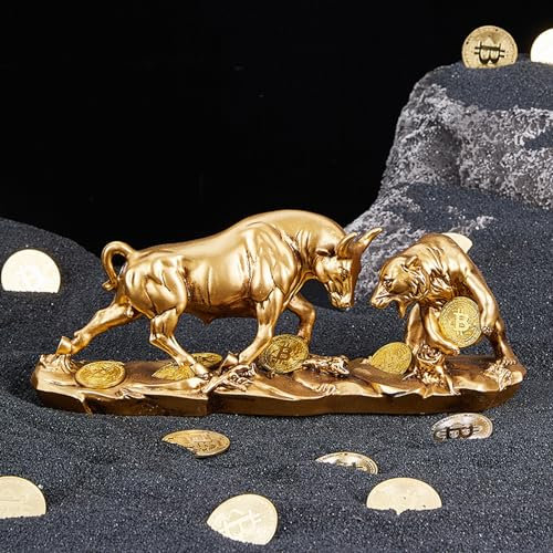 Cutfouwe bulle und bär Figuren-Bitcoin Statue – Harzskulptur für Bürodekoration-Bullen- und Bären Harzstatuen-Dekoration für das Büro oder Zuhause,Gold,28cm