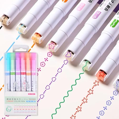 AUEJACKY 6 Stück Curve Textmarker,Bunte Highlighter Pen,Kurven Textmarker Set,Kurven-, Stern- und florale Muster, für Notizen, Handbücher, einen Plan machen(6 Farben)