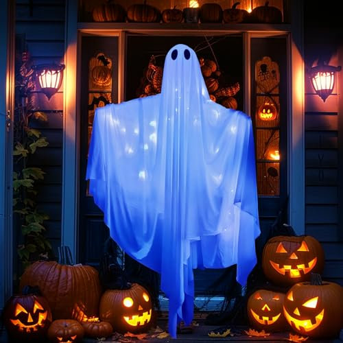 ALINILA Halloween Deko Hängender Geist: 1,2m Weißer Geist mit blauem LED Licht - Halloween Dekoration Gruselig Leuchtendes Windsack für Outdoor Draußen Garten Innen Party - 1 Stück