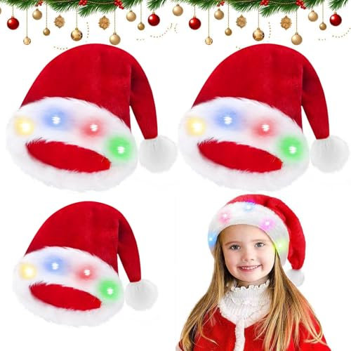 3 Stück LED Leuchtende Weihnachtsmütze Erwachsene Kinder, Weihnachtsmütze Nikolausmütze Erwachsene Plüsch Rand Weihnachtsfeier Rote Santa Mütze Nikolaus Warm Dicker Fellrand Weihnachtsmann mütze Rot