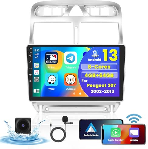 Hikity 8 Core 4G+64G Android Radio Coche para Peugeot 307 2002-2013, 9 IPS Pantalla Táctil GPS Inalámbrico Carplay Android Auto 2 DIN Radio Coche GPS WiFi Bluetooth FM RDS EQ DSP SWC Cámara Trasera