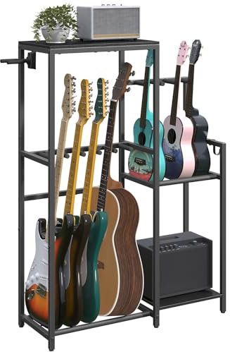 MAHANCRIS Soporte para guitarra, soporte multiguitarra, para guitarra acústica, eléctrica, bajo, ukelele, para 5 guitarras, soporte de amplificador de guitarra, con soporte para accesorios de guitarra