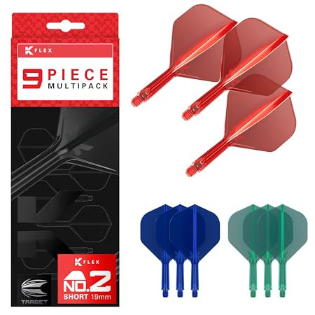Target Darts K-Flex Integrated Dart Flights and Shafts, Stiel Short Länge (19 mm), Nr. 2 Flug, 9er-Pack, Rot, Blau & Grün