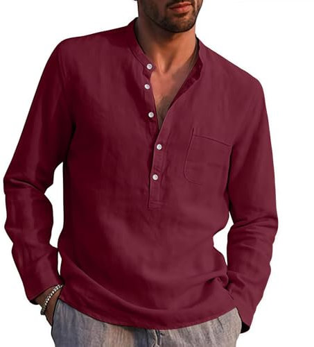 Mens Linen Shirts Long Sleeve Casual Cotton Summer Beach Henley Shirt Tops Red M