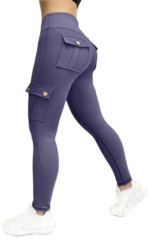 Damen Yogahose Gerippte Scrunchs Po Cargo Leggings Gym Leggings mit Taschen Knöchellang Hohe Taille Booty Bauchkontrolle Solide Laufen Sport Jogginghose Butt Lifting Workout Leggings, Bu2, S