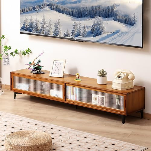 Generisch Entertainment-Center TV-Konsole aus Bambus, Schiebetüren, TV-Tisch für Fernseher bis zu 70 Zoll, TV-Schrank, TV-Ständer für das Wohnzimmer (Farbe: Braun, Größe: 160 cm – 2 Türen)