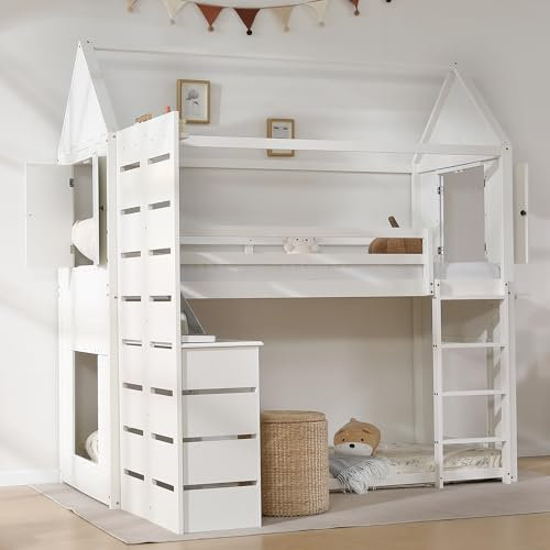 Merax Etagenbett mit Tisch und Stauraum, Hausbett mit Fallschutzgitter und Regal, Kinderbett mit Fenster, 90x200 cm, Kiefer + MDF, Weiß, ohne Matratze