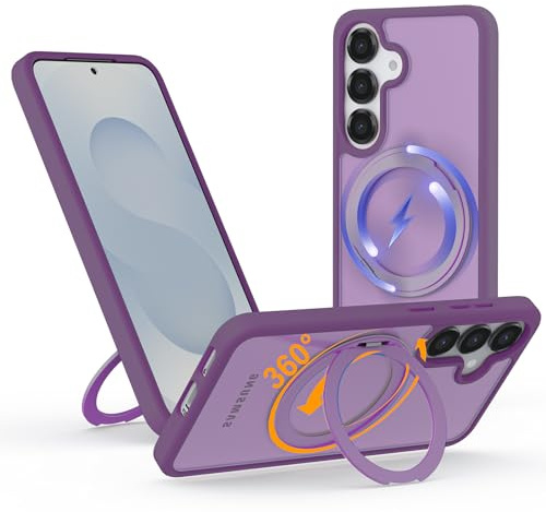 Hülle für Samsung Galaxy S25/S24 mit 360° Magnetischem Ständer, für MagSafe Kompatible Handyhülle mit Ring, Schlankes Case mit Matter Rückseite, Robust & Stabil für Video und Büro, Violett