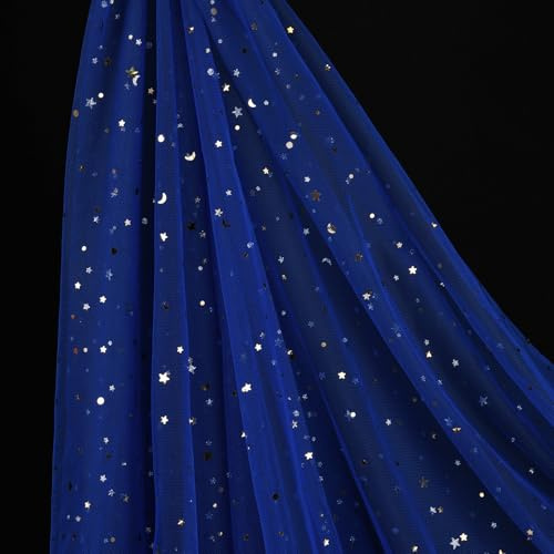 SHAYUAN Glitzer-Tüllstoff-Rollen mit goldenen Sternen und Mond, Tüllrollen für DIY-Tutu-Kleid, Tischläufer, Rock, Basteln, durchscheinend, Hochzeit, Bühnendekoration, Königsblau, 137,2 cm x 8 m