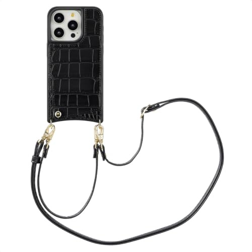 SELENCIA Nova Croco Backcover met Koord en pashouder - Geeignet für iPhone 15 Pro - Schwarz
