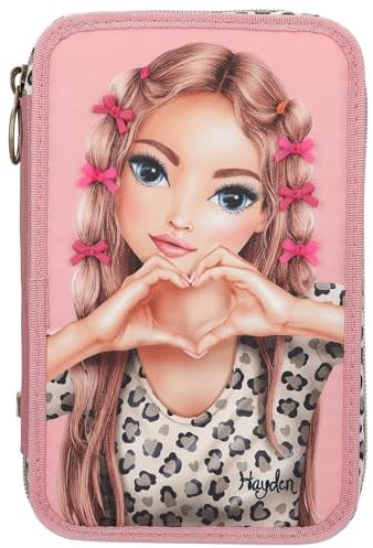 Depesche 13640 TOPModel Leoheart - Gefüllte 3-Fach Federtasche in Rosa, mit Model Motiv und Schleifen, Federmappe mit Buntstiften, Schere, Lineal UVM.
