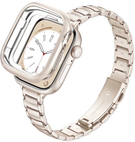G-ficu Slim Metal Band with Case for Apple Watch Straps Women 41mm 40mm, Thin Stainless Steel Band with Protective Cover, iWatch Strap for Apple Watch Series 9 8 7 6 5 4 SE Strap, Starlight