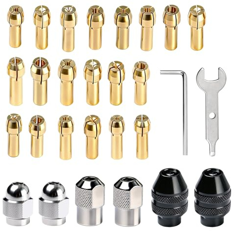 Kaiyzo 28 teiliges Kupfer Spannzangen Set, Schlüssellose Bohrfutter 1/32 bis 1/8, Kompatibel mit Dremel 4485 4486, Metallmuttern und Werkzeuge im Set