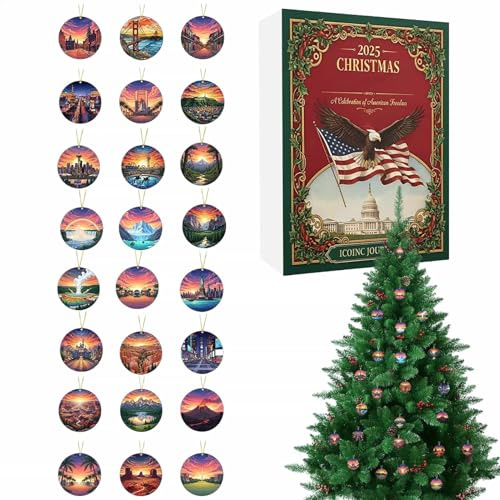 Adventskalender Weihnachten 2025 Weihnachten Advent 2D Anhänger 24-Tage | Feiertags Countdown US-Sehenswürdigkeiten Anhänger Für Kinder, Erwachsene Und Sammler, Vielseitig Für Tür, , Innen, Tasche