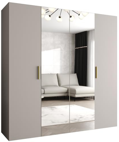 MEBLE KRYSPOL - Kleiderschrank - Garderobenschrank - 200 cm x 202 x 52 cm - Schrank mit Kleiderstange und Spiegel, 4 Türen - für Schlafzimmer, Flur - BARI, Kaschmir, Griff Gold