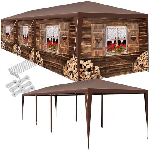 tectake® Garten oder Festival Pavillon, Zelt, Almchalet 3D Design, mit 6 Seitenteile, Partyzelt für Terrasse, Unterstand für Gartenmöbel, Event Shelter, Verkaufsstand (3x9 m)