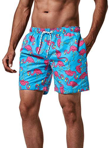 MaaMgic Herren Badeshorts SCHNELLTROCKNEND Boardshorts Trainingshose mit Mesh-Futter und Verstellbarem Tunnelzug MEHRWEG Blau Pink Flamingo M