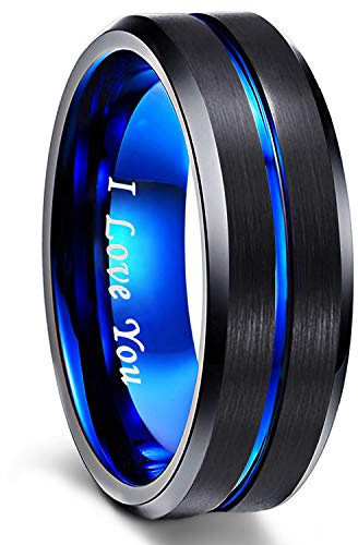 Greenpod 8mm Mens Black Tungsten Ring with Thin Blue Groove Beveled Edge Engraved I Love You Comfort Fit Size 10